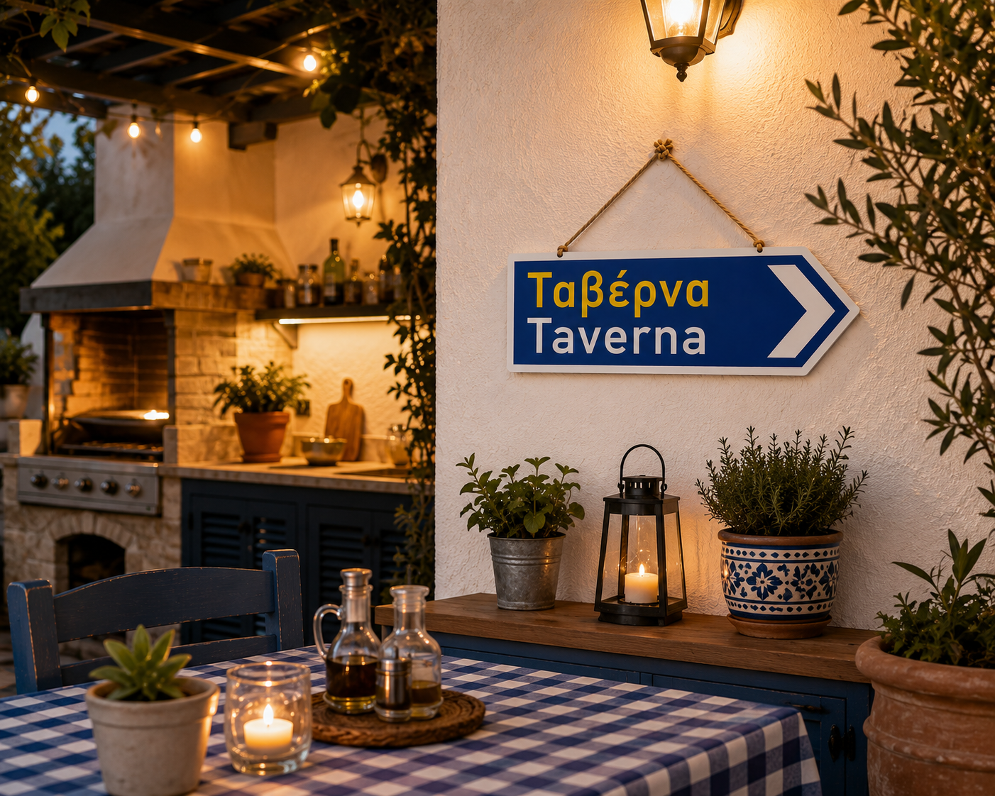 Taverna Greek metal sign displayed in a Greek-style outdoor entertaining area