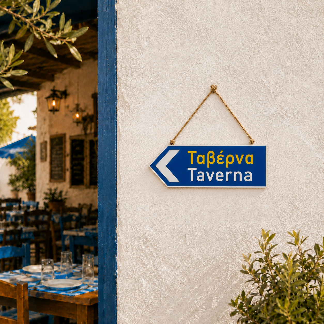 Taverna Greek metal sign displayed outside a Greek-style outdoor dining area with blue and white décor