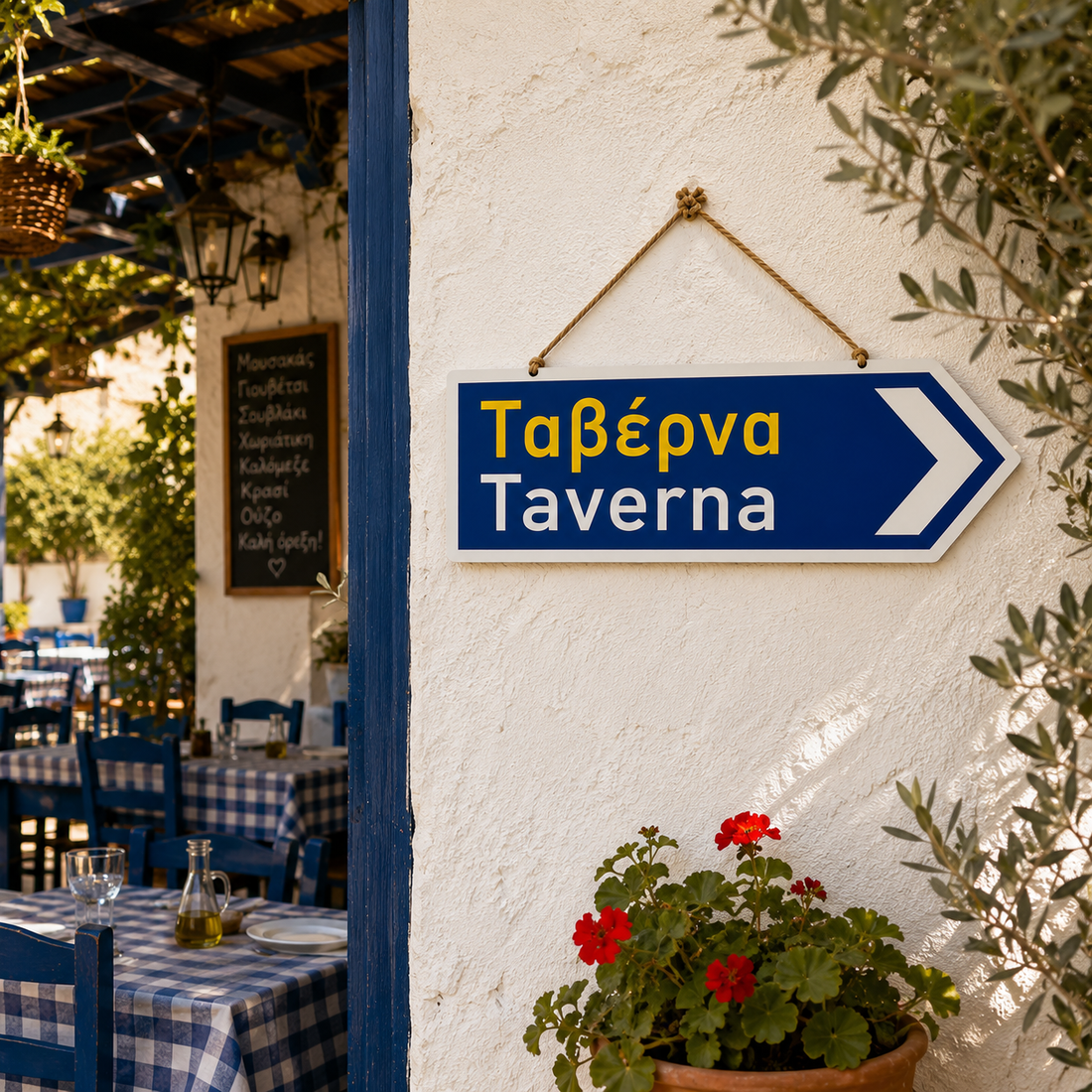 Taverna Greek metal sign with hanging cord on white background