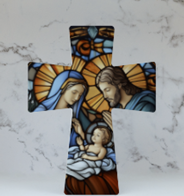 A ceramic cross with a stained glass effect depiction of The Holy Family, featuring figures in blue robes with gold accents on a marble background.