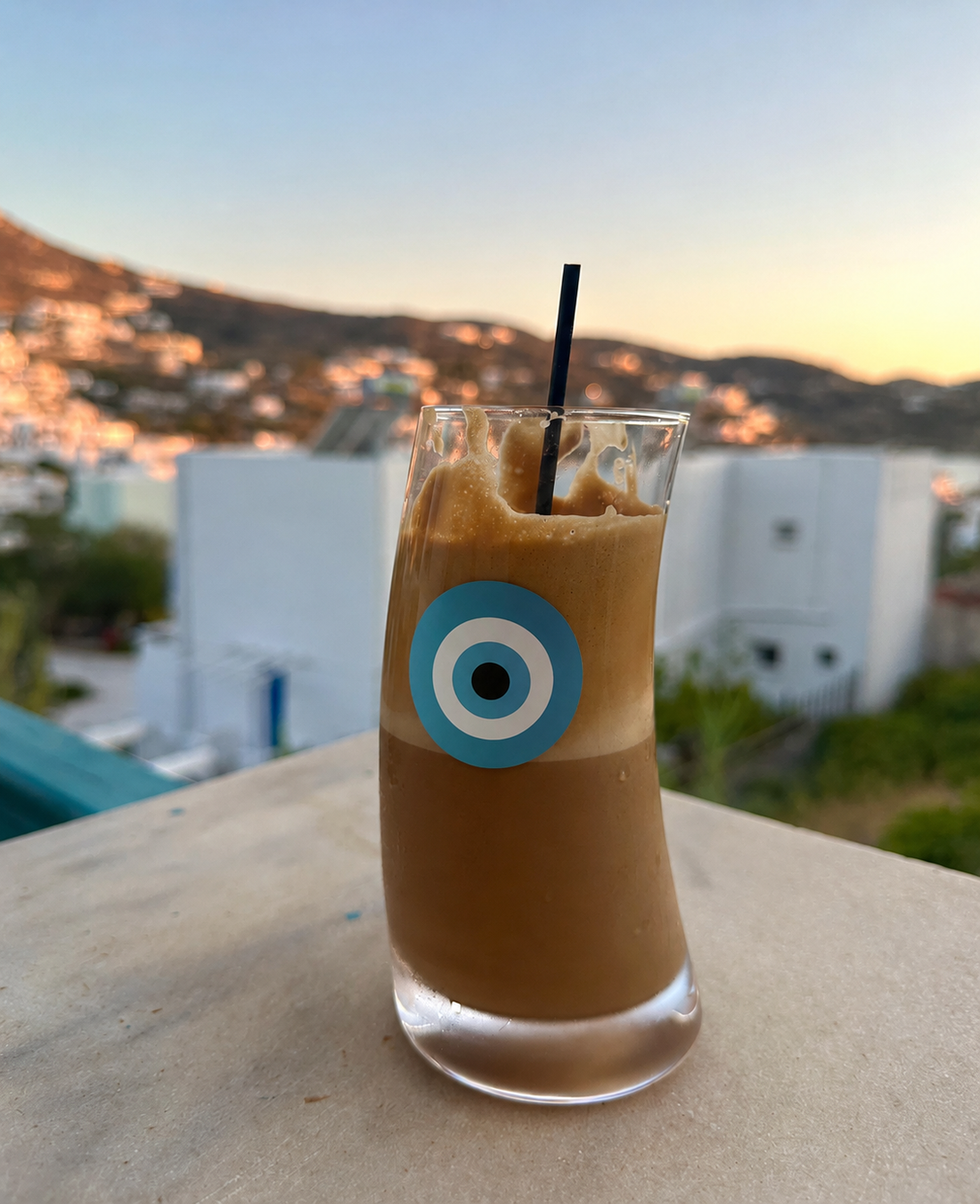 Best-selling blue evil eye Original Wave Frappe Glass 4 Pack by Miss Ble Blu for Greek frappe, freddo espresso and iced coffee.