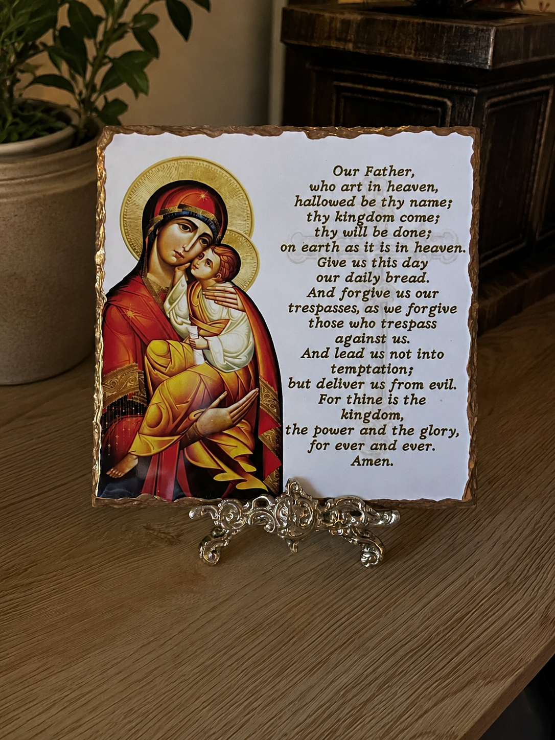 Greek Orthodox slate icon of Panayia Virgin Mary with Christ Child and Lord’s Prayer (Πάτερ Ἡμῶν) in Greek. Decorative plaque for prayer corner or home altar.