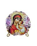 Virgin Mary Orthodox mini icon plate displayed on metal stand.