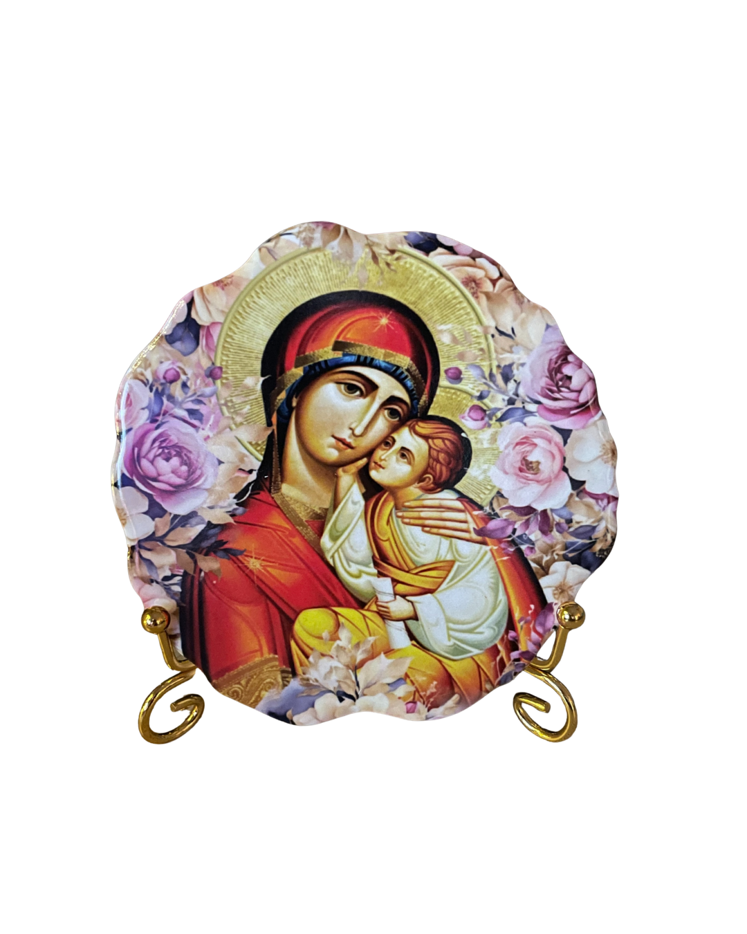 Virgin Mary Orthodox mini icon plate displayed on metal stand.