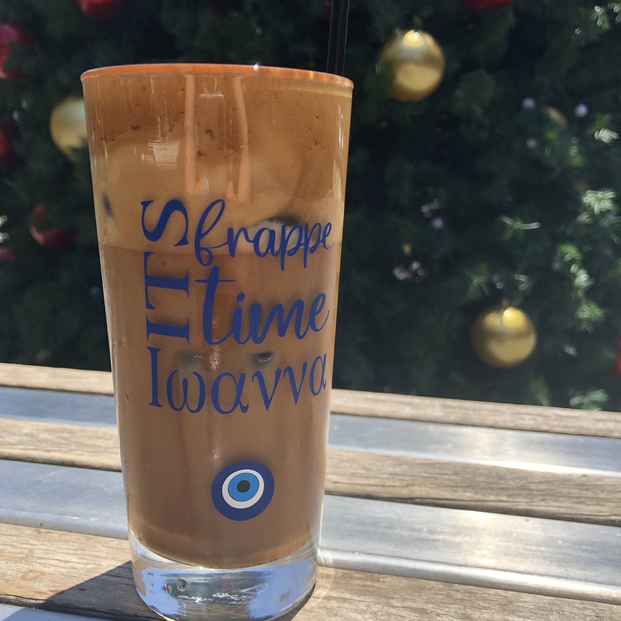 Personalised Straight Frappe Glass. Custom iced coffee frappe glass personalised in Greek or English.