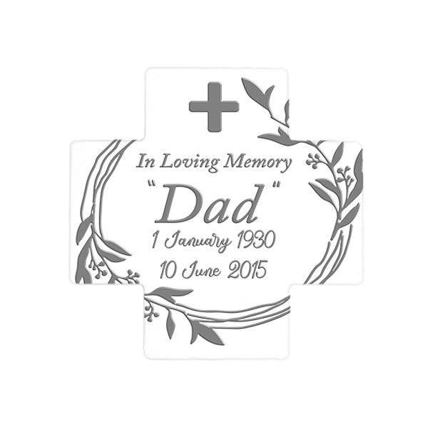 Ceramic Memorial Cross in Greek or English. Handmade glossy ceramic cross with painted edges and metal hook. Available from Melbourne and Sydney Greek Stores.
