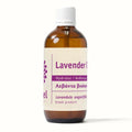 A bottle of organic Greek lavender hydrolat with a label showing the product name and a graphic of lavender flowers.