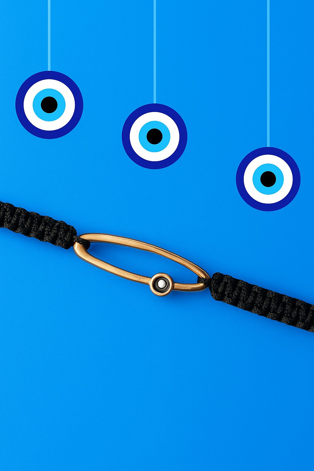 Black cord macrame bracelet with evil eye on a blue background with hanging evil eye charms.