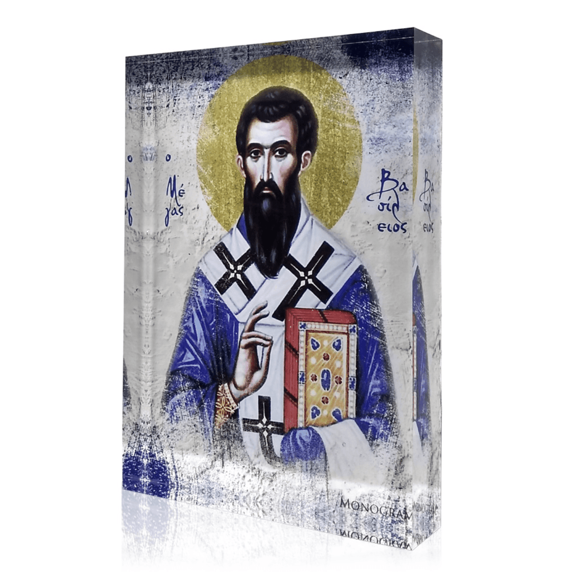 Icon of Saint Basil the Great with a 3D effect, featuring a male figure with a beard and a book, enclosed in a rectangular frame with blue and gold colors.