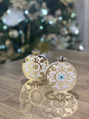 Gold acrylic plexiglass pomegranate with optional mati Greek evil eye detail.