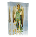 A three-dimensional plexiglass icon depicting a green-robed angel with two smaller angel figures, designed and made in Greece.