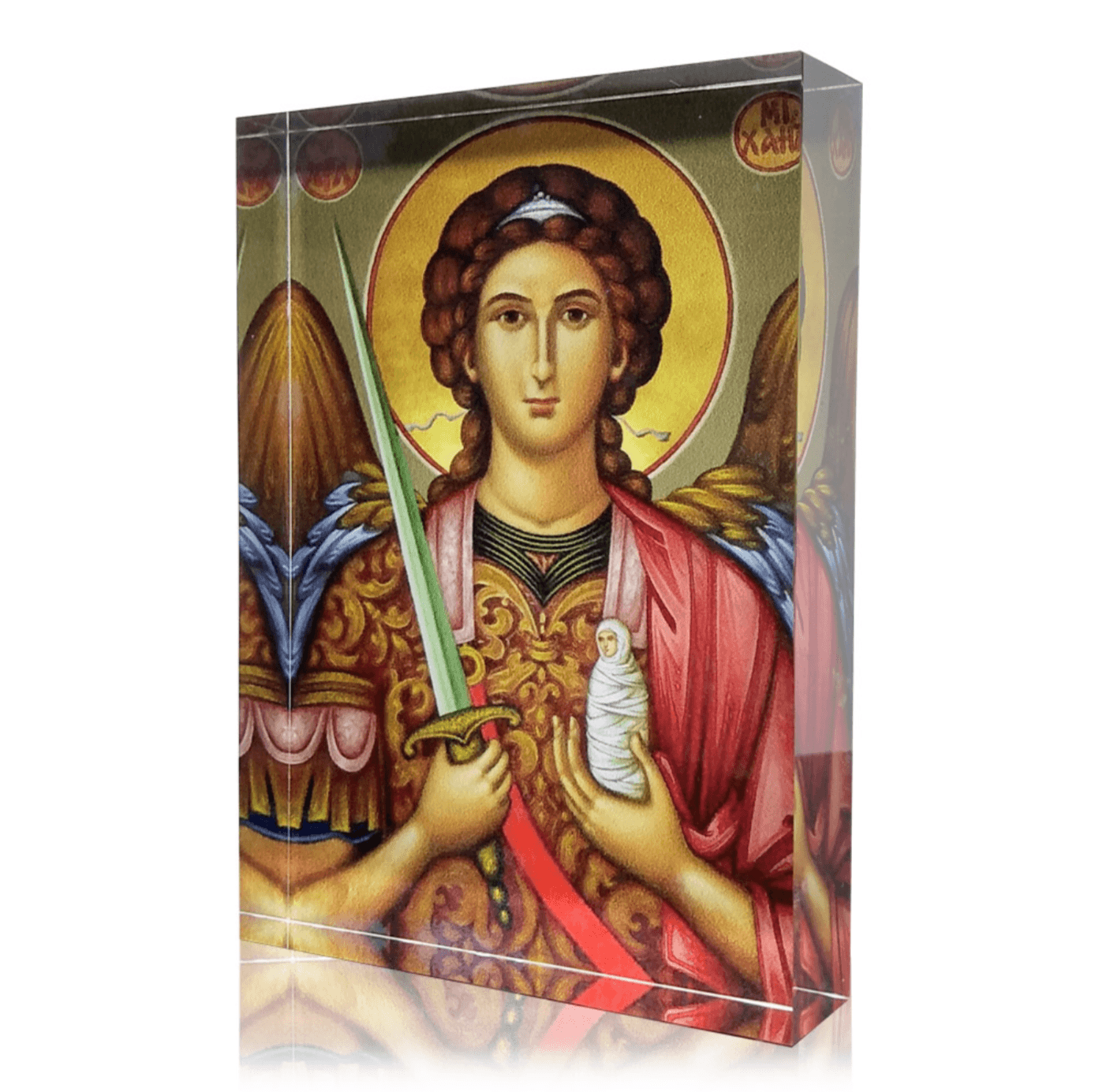 Orthodox plexiglass icon of Archangel Michael holding a wrapped soul and a sword. Handmade Greek icon with detailed wings and gold halo in a front angled view.