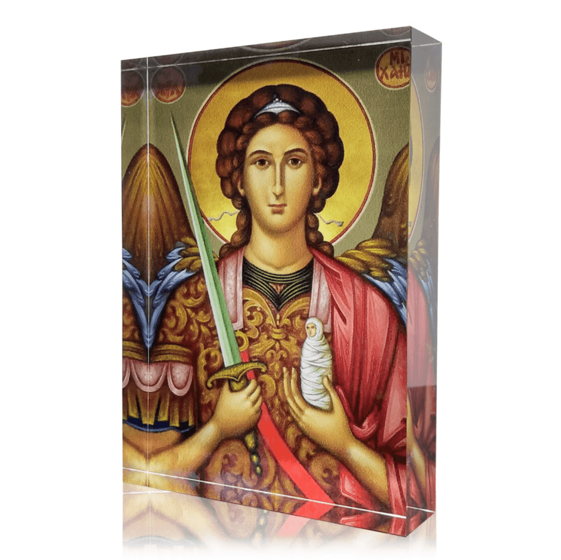 Orthodox plexiglass icon of Archangel Michael holding a wrapped soul and a sword. Handmade Greek icon with detailed wings and gold halo in a front angled view.