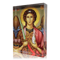 Orthodox plexiglass icon of Archangel Michael holding a wrapped soul and a sword. Handmade Greek icon with detailed wings and gold halo in a front angled view.