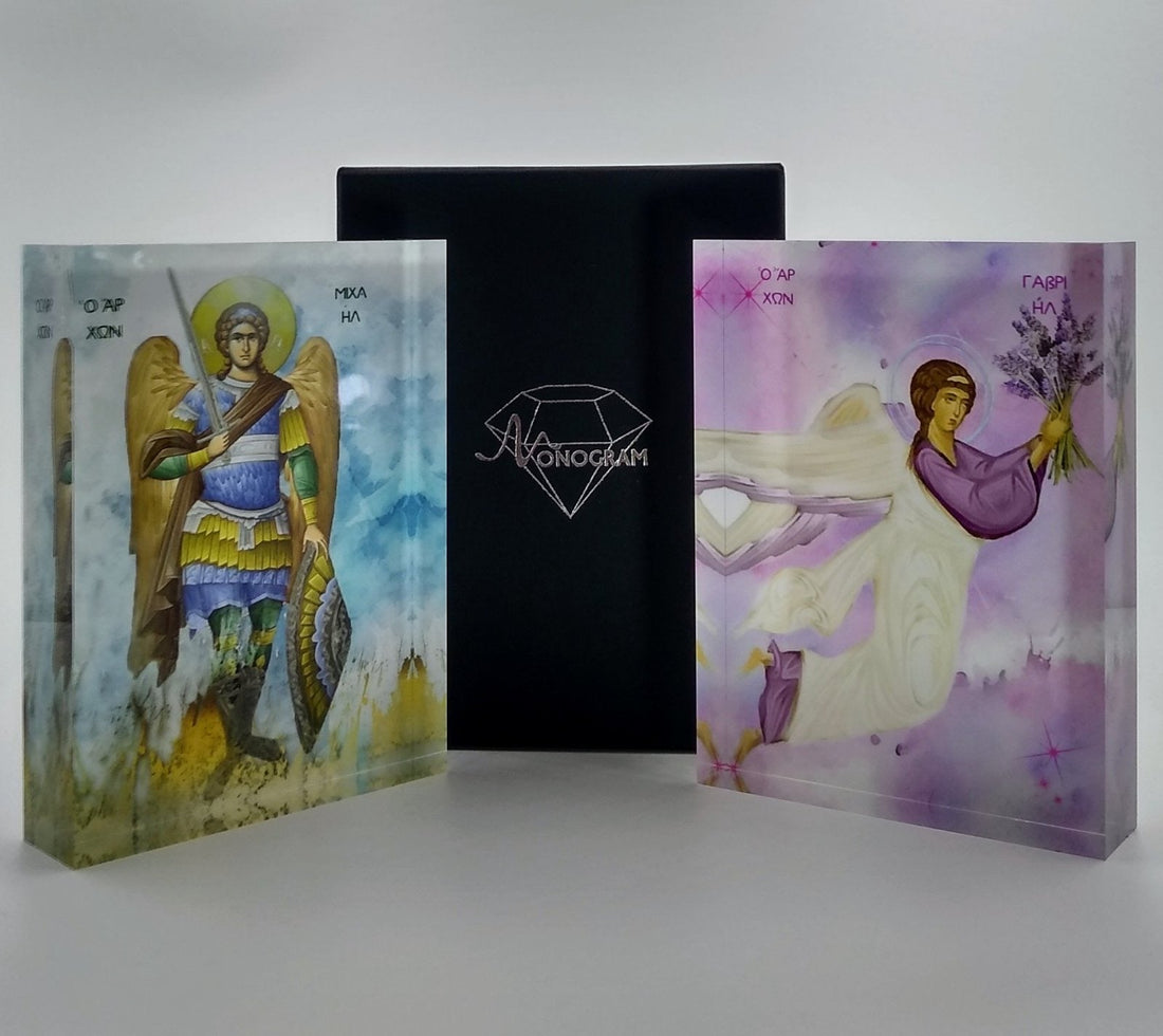 Orthodox plexiglass icon of Archangel Michael the warrior, shown full-body with sword and shield. Handmade Greek icon displayed with Monogram Atelier gift box.