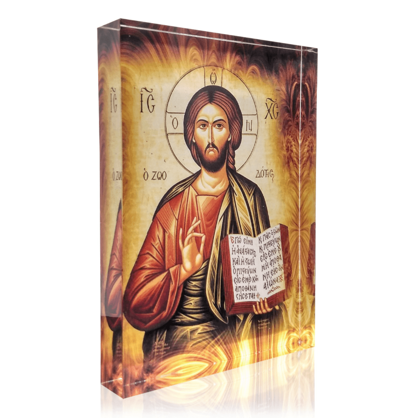 Orthodox plexiglass icon of Christ Pantocrator blessing with His right hand and holding the open Gospel. Handmade Greek icon with gold halo and warm tones.