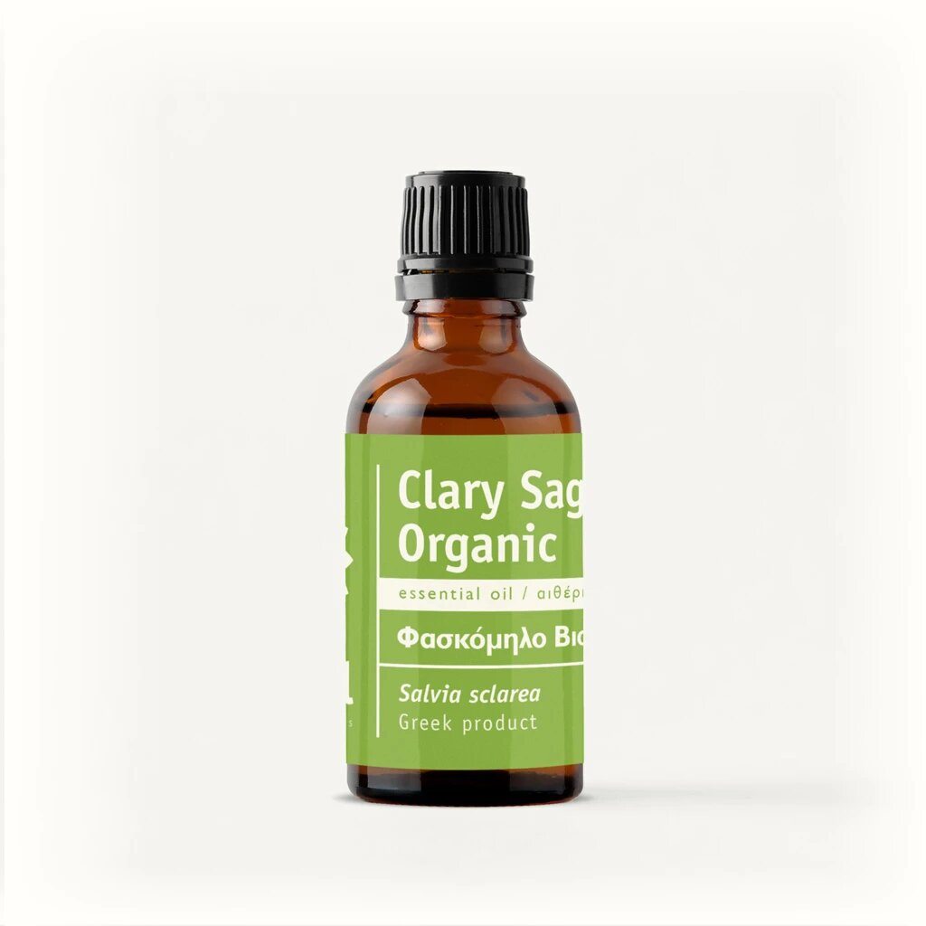 A bottle of Organic Greek Clary Sage Essential Oil with a label displaying the product name and origin, on a white background.