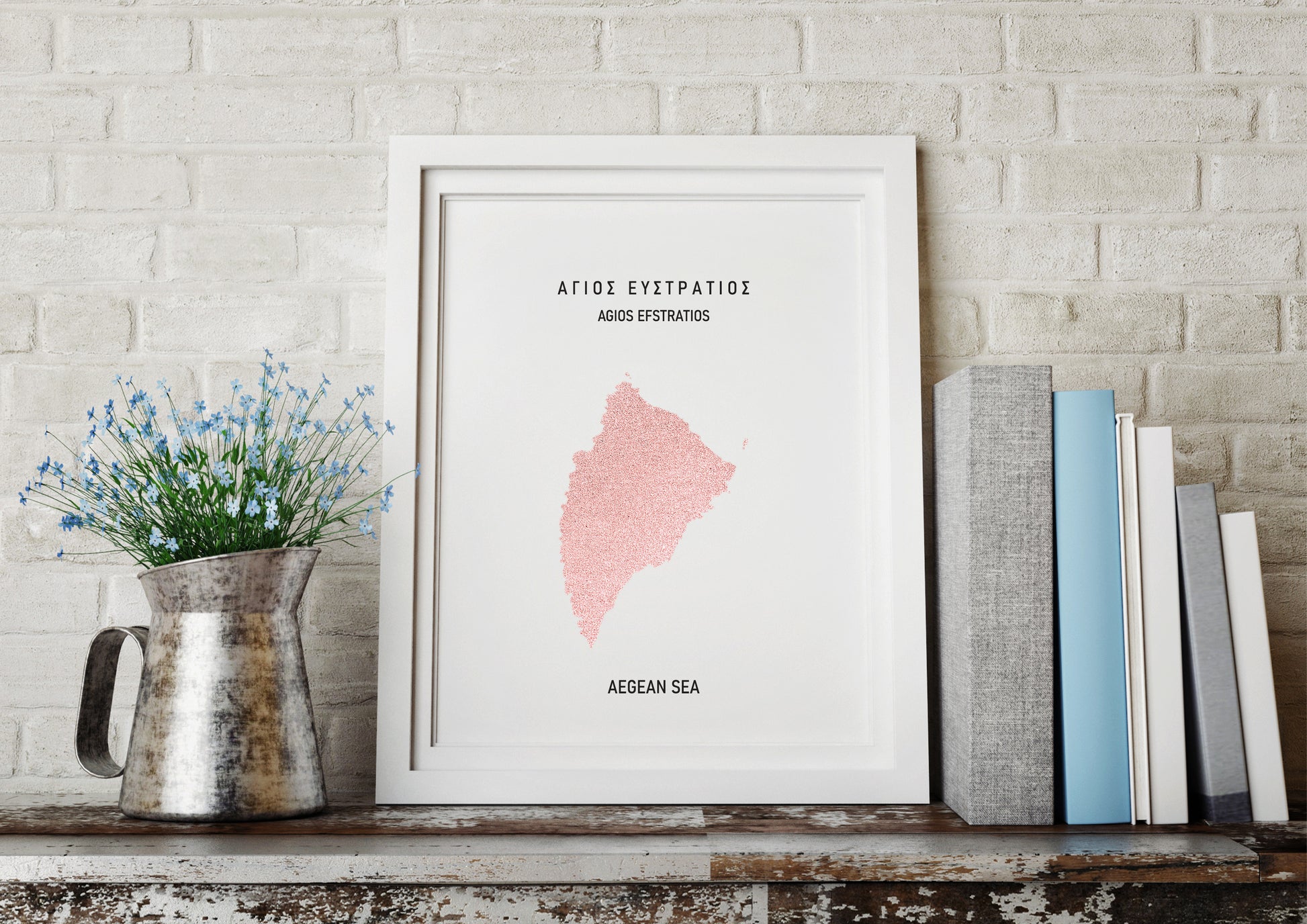 Glimmering hand-foiled print of a Greek island landmark.