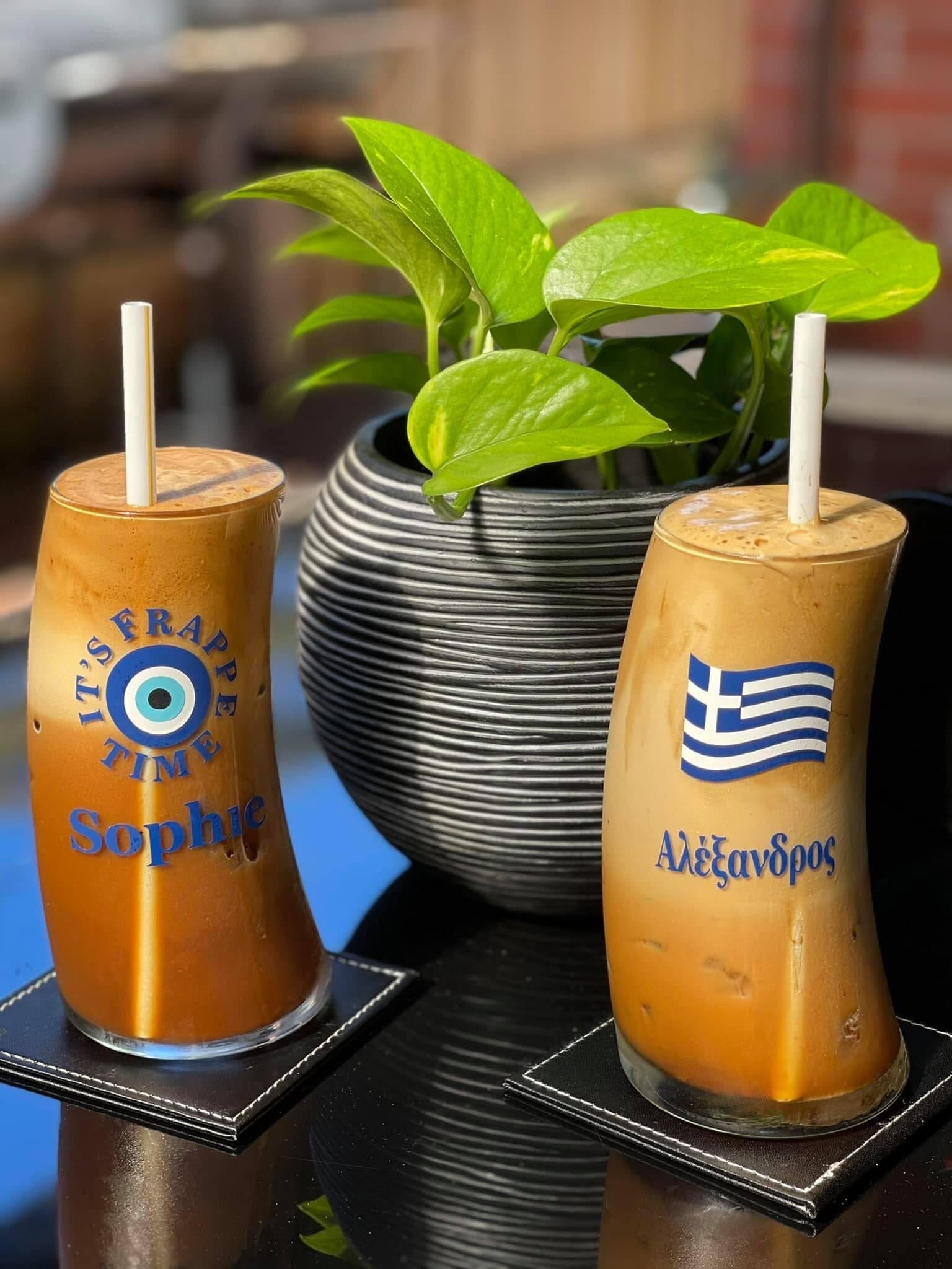 Personalised Original Wave Frappe Glass with engraved Miss Ble Blu logo. Custom Greek frappe glass with name or phrase, designed in Melbourne.