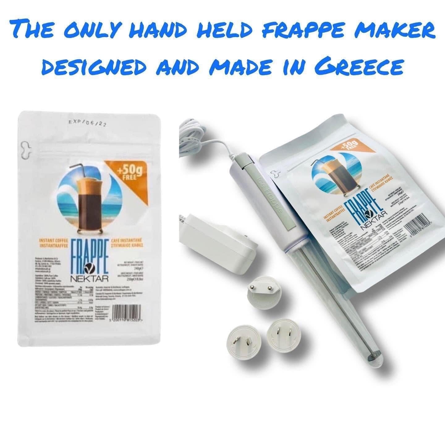 The image shows a hand held frappe maker and mixer with its components, including a stainless steel blade, along with packets indicating it is designed and made in Greece.