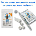 The image shows a hand held frappe maker and mixer with its components, including a stainless steel blade, along with packets indicating it is designed and made in Greece.