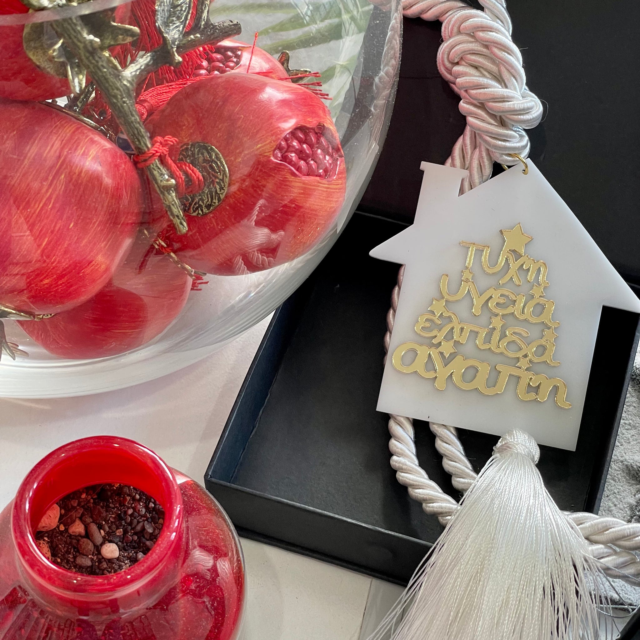 Handmade Greek Lucky Charm Gouri. Elegant festive charm symbolising luck and prosperity. Gift-boxed with Greek ribbon. Seasonal Greek New Year gift.