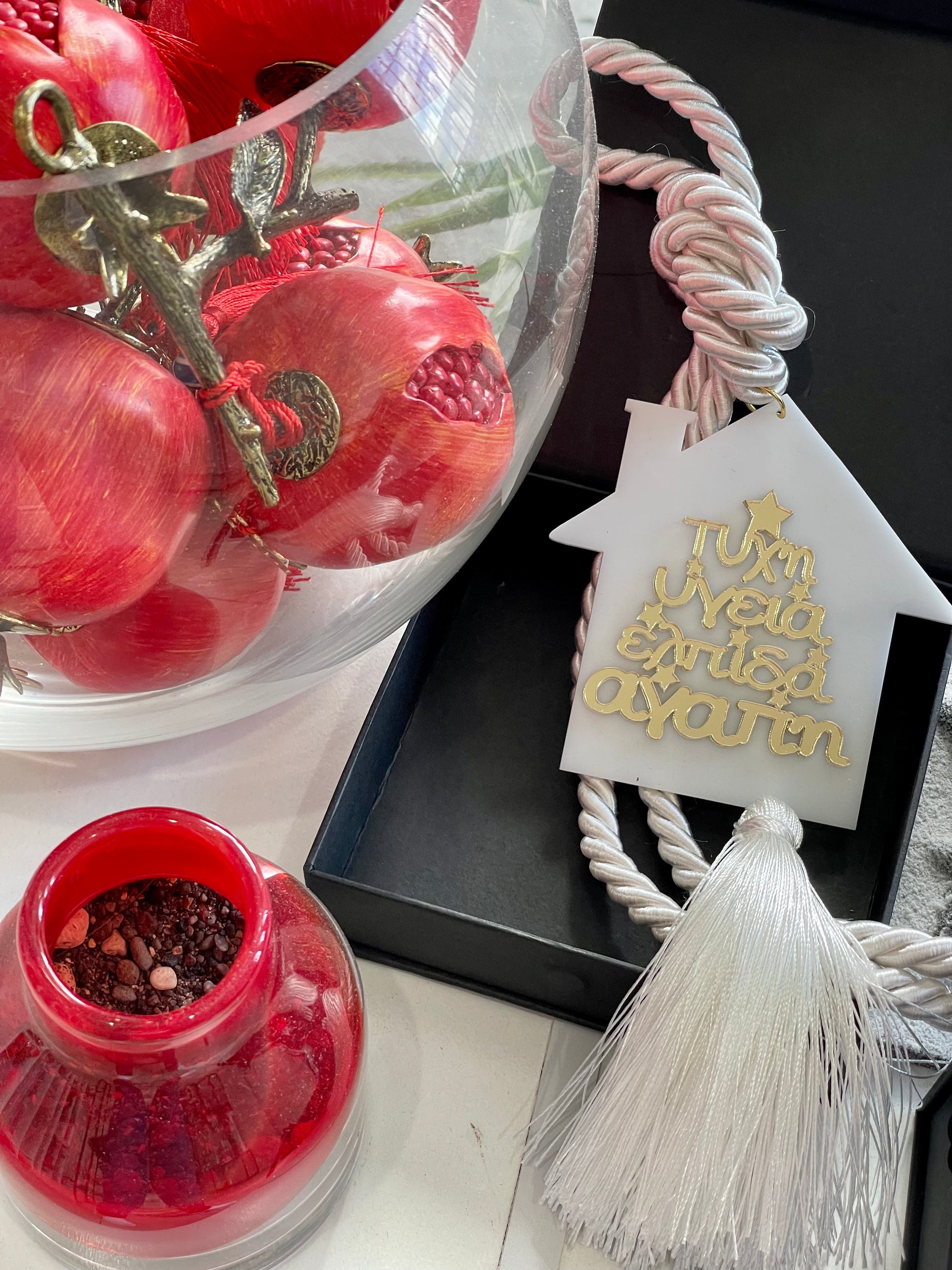 Handmade Greek Lucky Charm Gouri. Elegant festive charm symbolising luck and prosperity. Gift-boxed with Greek ribbon. Seasonal Greek New Year gift.