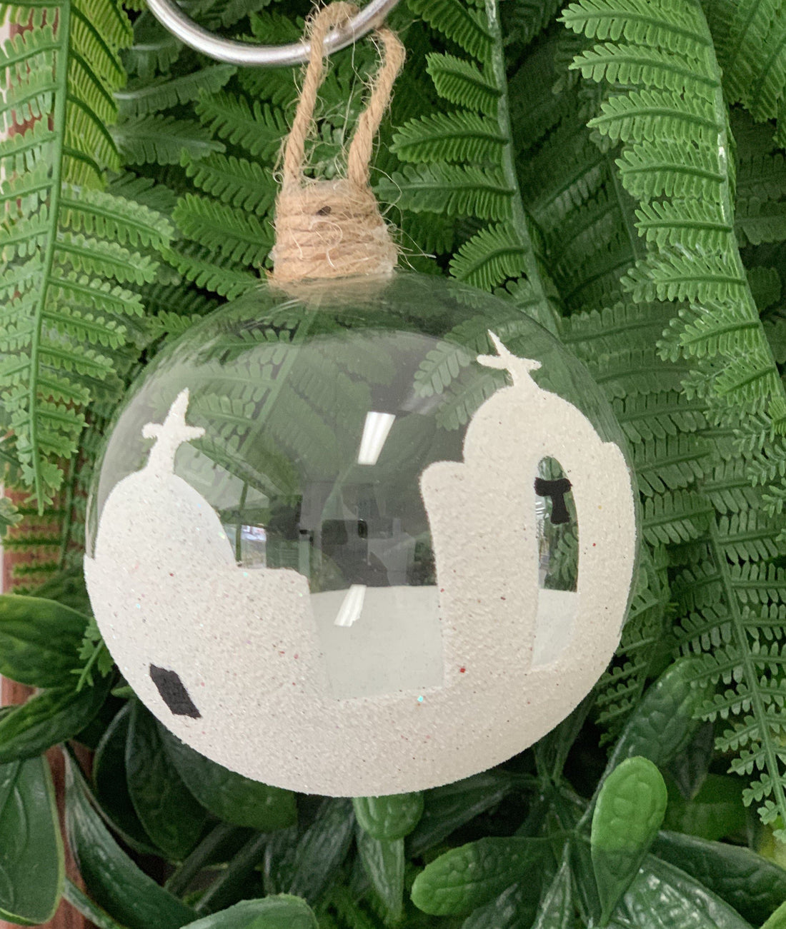 Greek Blue hand-blown glass Milos Christmas bauble with white Cycladic church design, handmade in Greece