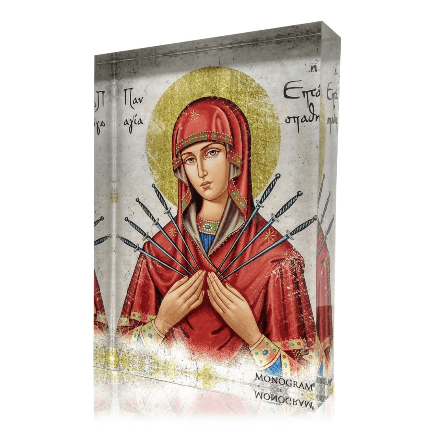 Orthodox icon of Panayia Eptaspathi on plexiglass. Handmade Greek icon of the Mother of Sorrows with seven swords across her chest, displayed in a front angled view.