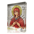 Orthodox icon of Panayia Eptaspathi on plexiglass. Handmade Greek icon of the Mother of Sorrows with seven swords across her chest, displayed in a front angled view.
