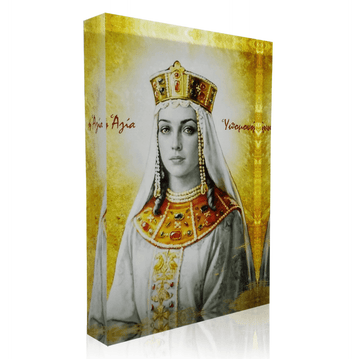 Orthodox icon of Saint Ipomoni on plexiglass. Handmade Greek icon showing Saint Ipomoni wearing a crown and white garments against a warm gold background.