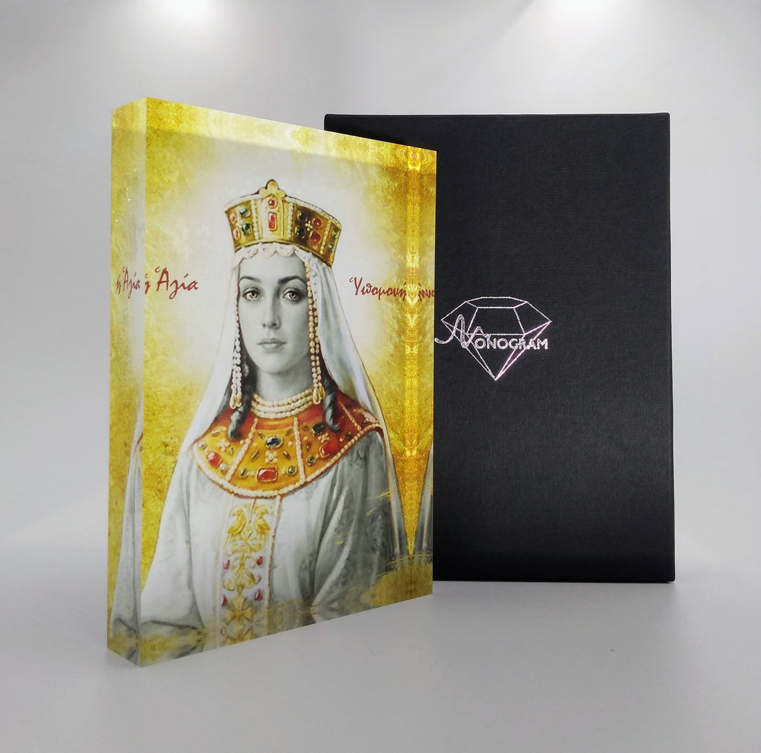 Orthodox icon of Saint Ipomoni on plexiglass. Handmade Greek icon showing Saint Ipomoni wearing a crown and white garments against a warm gold background.